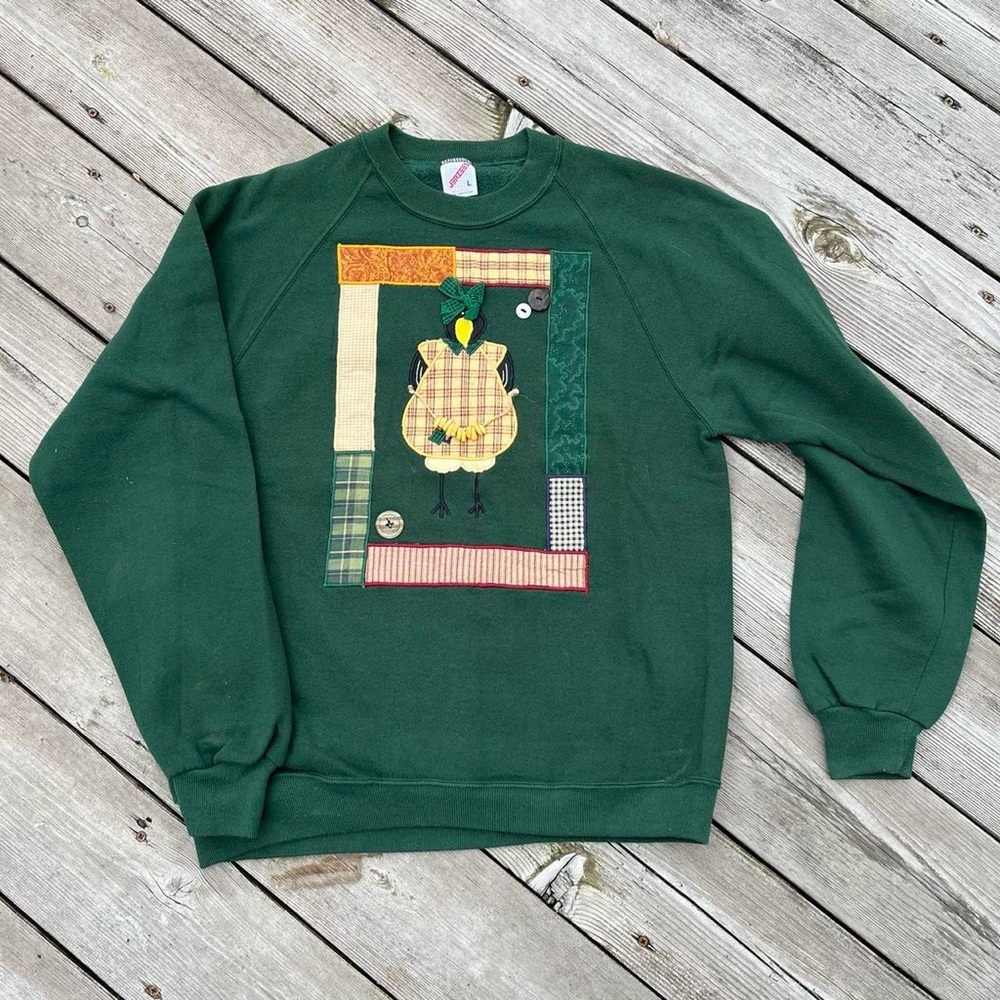 Vintage Forest Green Crow Patchwork Crewneck - image 1